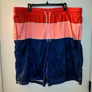 Old Navy red blue colorblock swim trunks‎ men’s XXL
Inseam 8” pockets drawstring